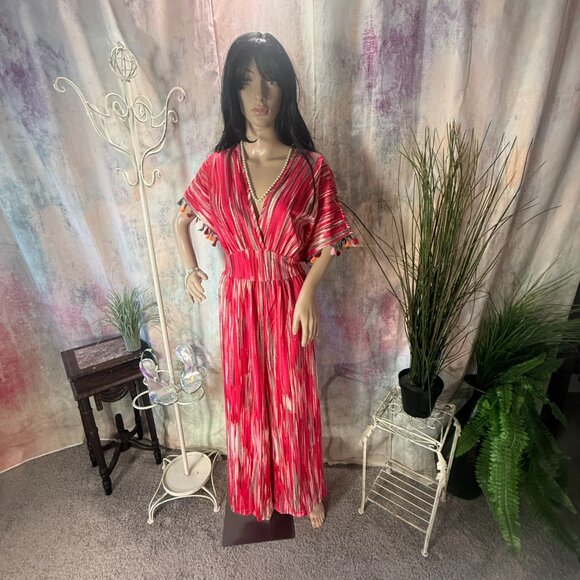 NWOT๐ Breezaya Tasseled Cuff Elastic Waistline Straight Wide Leg Jumpsuit - Picture 1 of 16